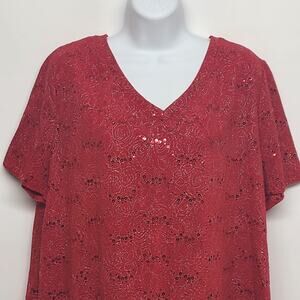 White Stag Red Sequin Top Women's 1X Blouse Short Sleeve V Neck Metallic Vintage